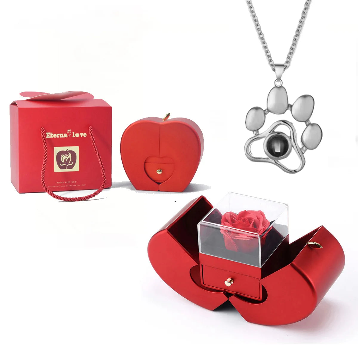 ❤️ Personalisierte Foto Projektions Halskette mit eigenem Bild – Herz Anhänger aus Edelstahl mit Apfelrosen Geschenkbox für Damen & Haustiere