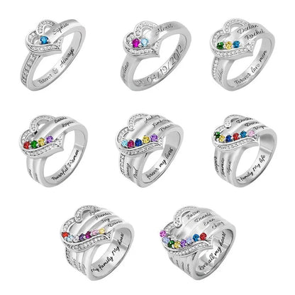💍 Personalisierter Geburtsstein Ring mit Namen – 💎 Individueller Familienring mit Herz & Zirkonia – 🎁 Personalisiertes Geschenk für Frauen