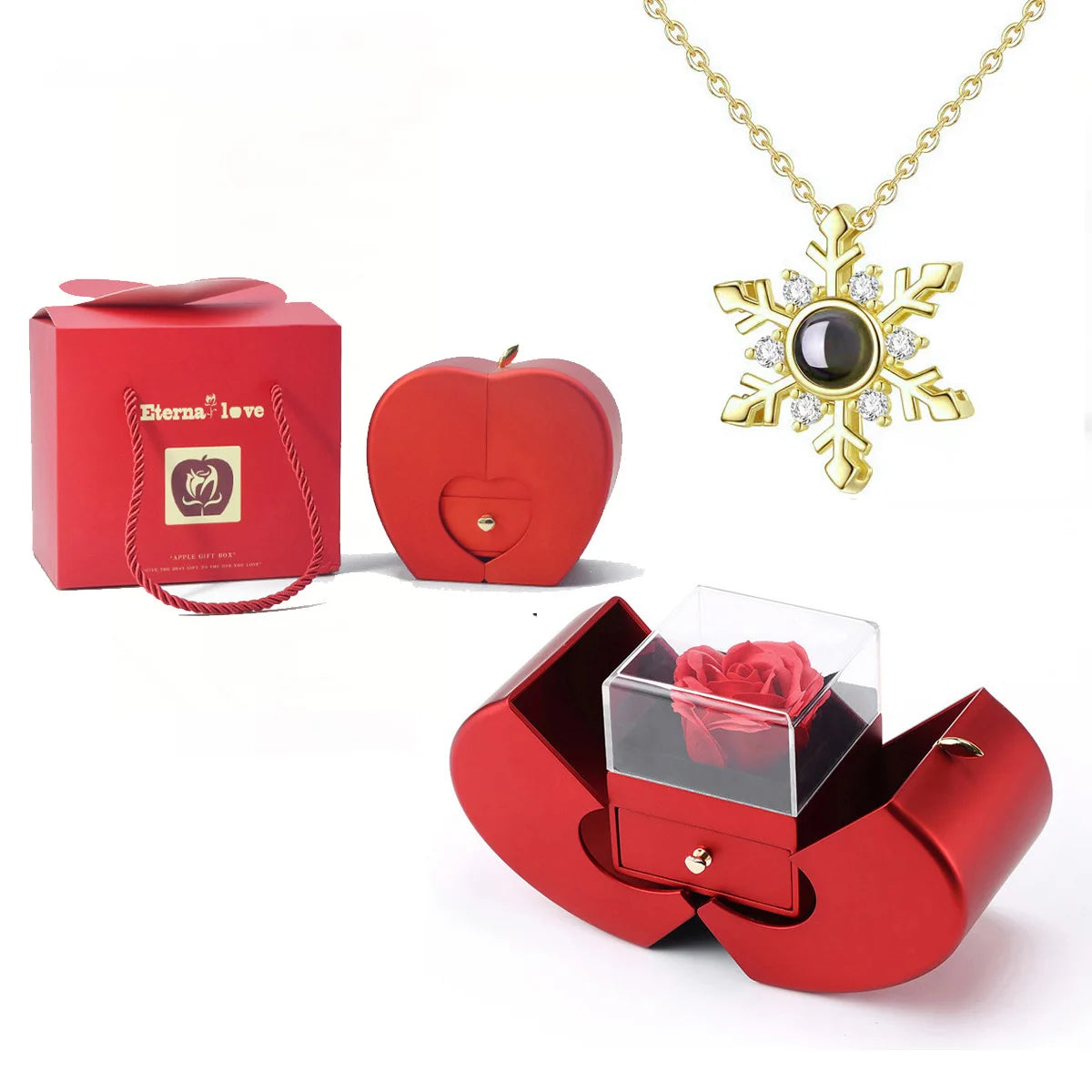 ❤️ Personalisierte Foto Projektions Halskette mit eigenem Bild – Herz Anhänger aus Edelstahl mit Apfelrosen Geschenkbox für Damen & Haustiere
