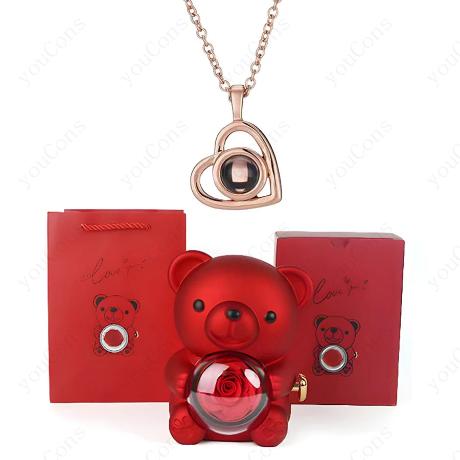 ❤️ Personalisierte Foto Projektions Halskette mit eigenem Bild – Herz Anhänger aus Edelstahl mit Bären Rosen Geschenkbox für Damen