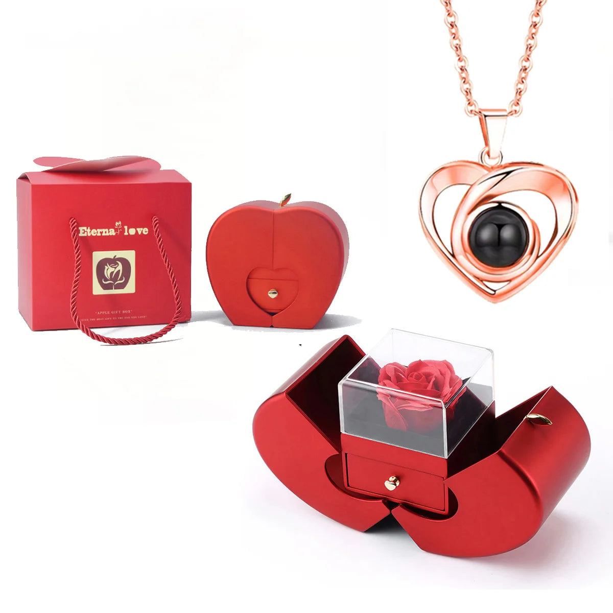 ❤️ Personalisierte Foto Projektions Halskette mit eigenem Bild – Herz Anhänger aus Edelstahl mit Apfelrosen Geschenkbox für Damen & Haustiere