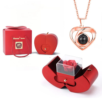❤️ Personalisierte Foto Projektions Halskette mit eigenem Bild – Herz Anhänger aus Edelstahl mit Apfelrosen Geschenkbox für Damen & Haustiere