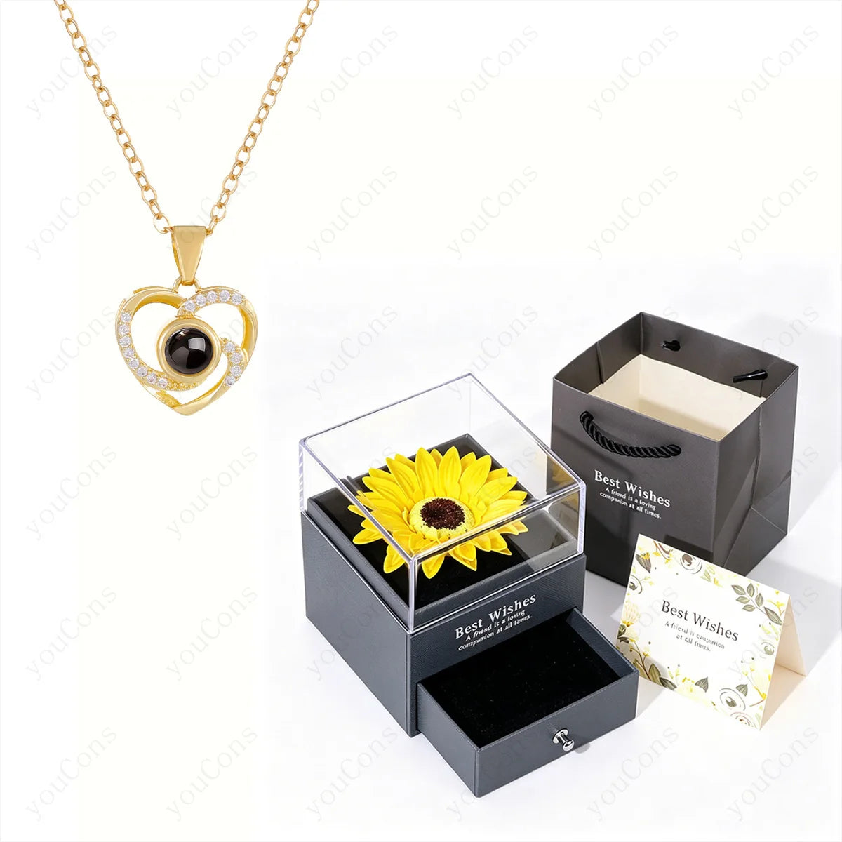 ❤️ Personalisierte Foto Projektions Halskette mit eigenem Bild – Edelstahl Anhänger mit Sonnenblumen Geschenkbox für Damen