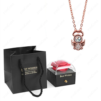 ❤️ Personalisierte Foto Projektions Halskette mit eigenem Bild – Herz Anhänger aus Edelstahl mit Rosen Geschenkbox für Damen