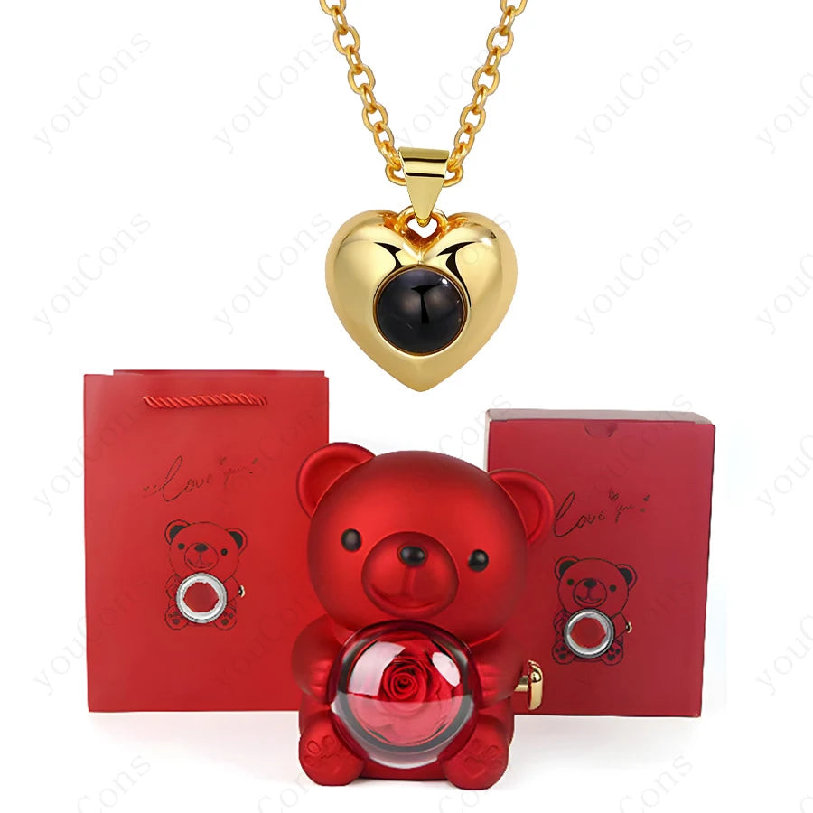 ❤️ Personalisierte Foto Projektions Halskette mit eigenem Bild – Herz Anhänger aus Edelstahl mit Bären Rosen Geschenkbox für Damen
