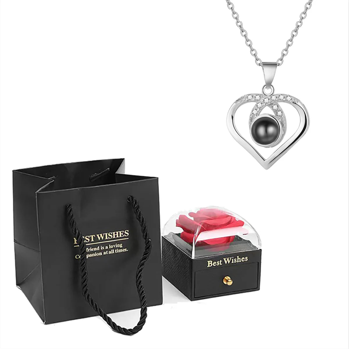 ❤️ Personalisierte Foto Projektions Halskette mit eigenem Bild – Herz Anhänger aus Edelstahl mit schwarzer Rosen Geschenkbox für Damen