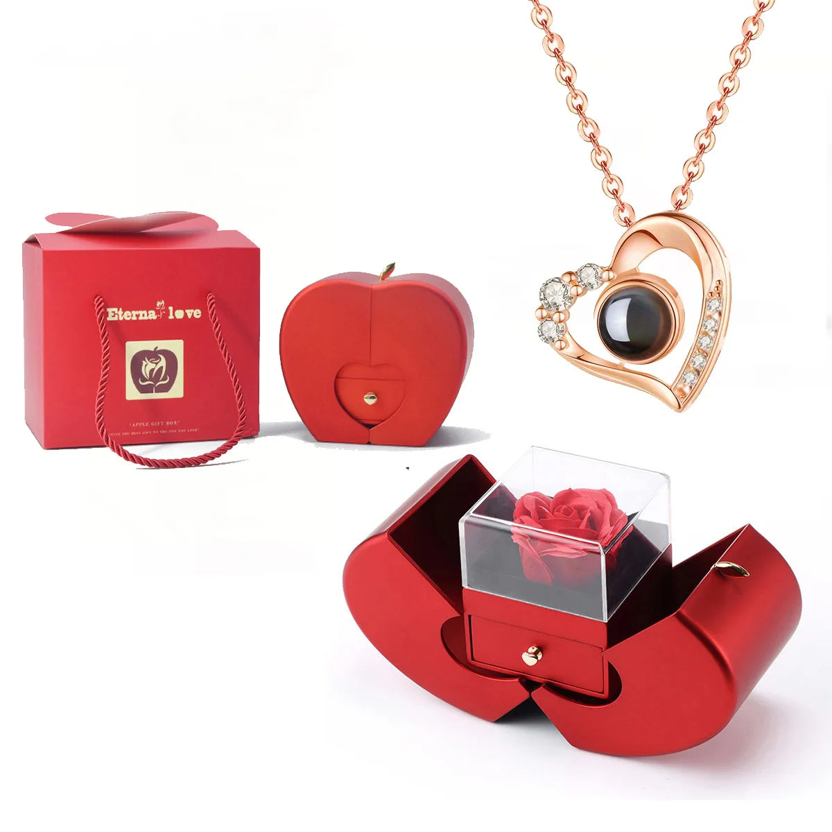 ❤️ Personalisierte Foto Projektions Halskette mit eigenem Bild – Herz Anhänger aus Edelstahl mit Apfelrosen Geschenkbox für Damen & Haustiere