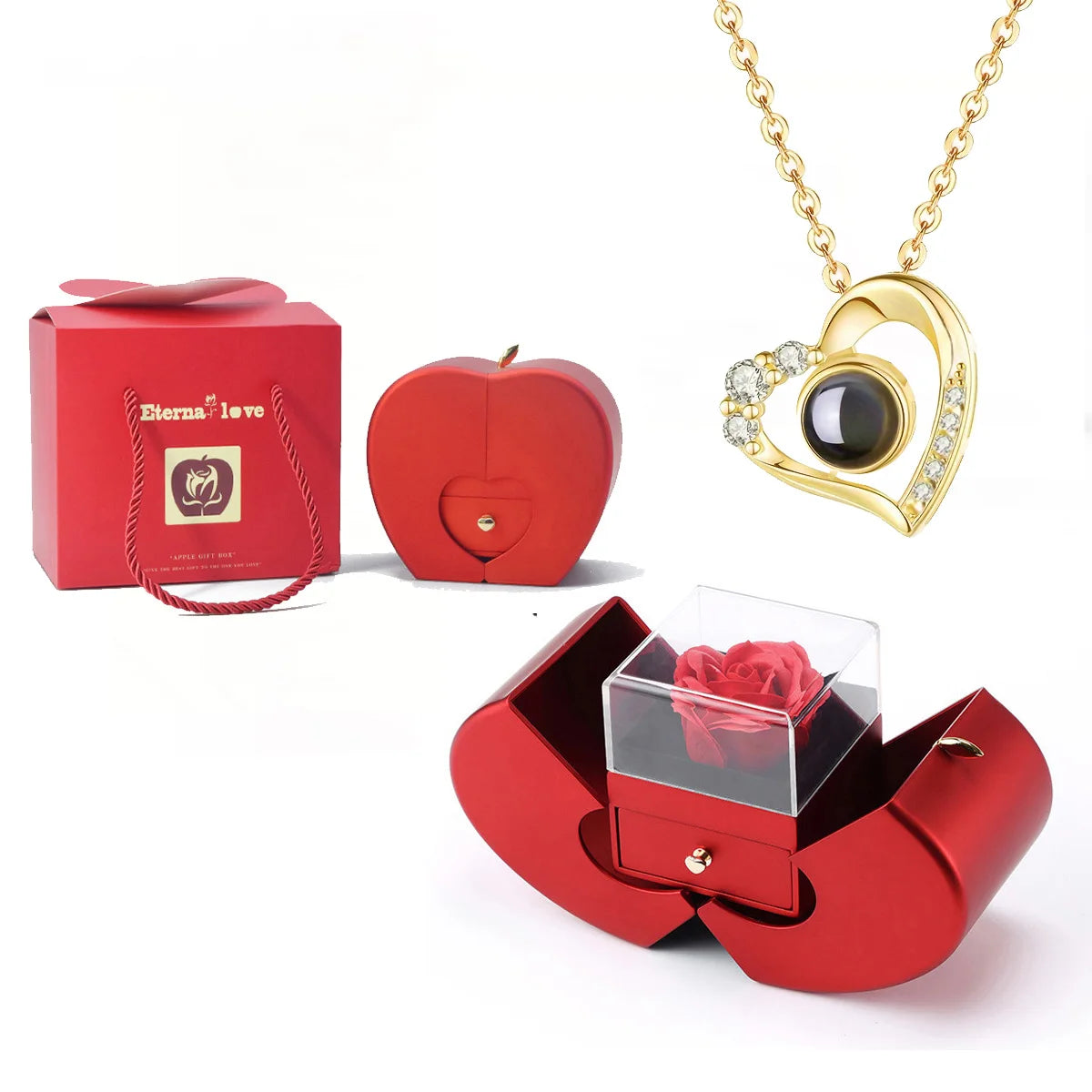 ❤️ Personalisierte Foto Projektions Halskette mit eigenem Bild – Herz Anhänger aus Edelstahl mit Apfelrosen Geschenkbox für Damen & Haustiere
