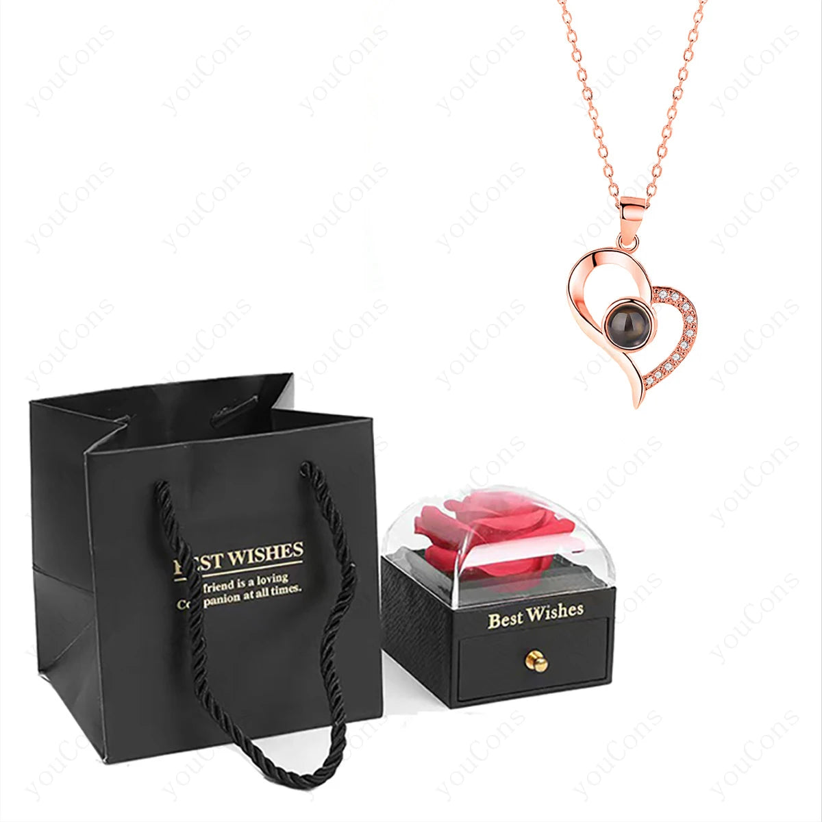 ❤️ Personalisierte Foto Projektions Halskette mit eigenem Bild – Herz Anhänger aus Edelstahl mit Rosen Geschenkbox für Damen