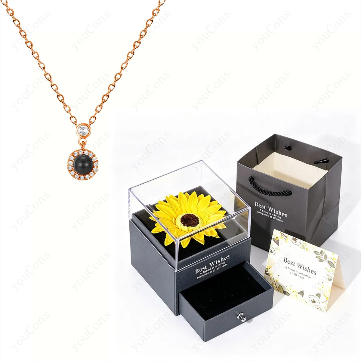 ❤️ Personalisierte Foto Projektions Halskette mit eigenem Bild – Edelstahl Anhänger mit Sonnenblumen Geschenkbox für Damen