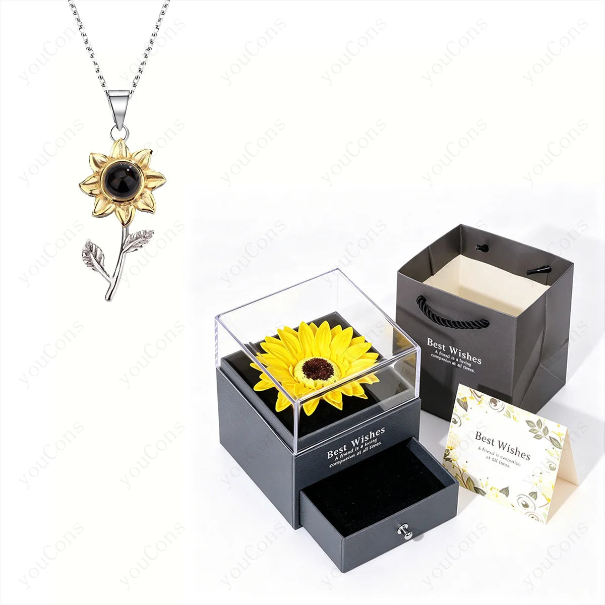 ❤️ Personalisierte Foto Projektions Halskette mit eigenem Bild – Edelstahl Anhänger mit Sonnenblumen Geschenkbox für Damen