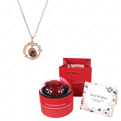 ❤️ Personalisierte Foto Projektions Halskette mit eigenem Bild – Edelstahl Halskette mit luxuriöser roter Rosen Geschenkbox für Damen