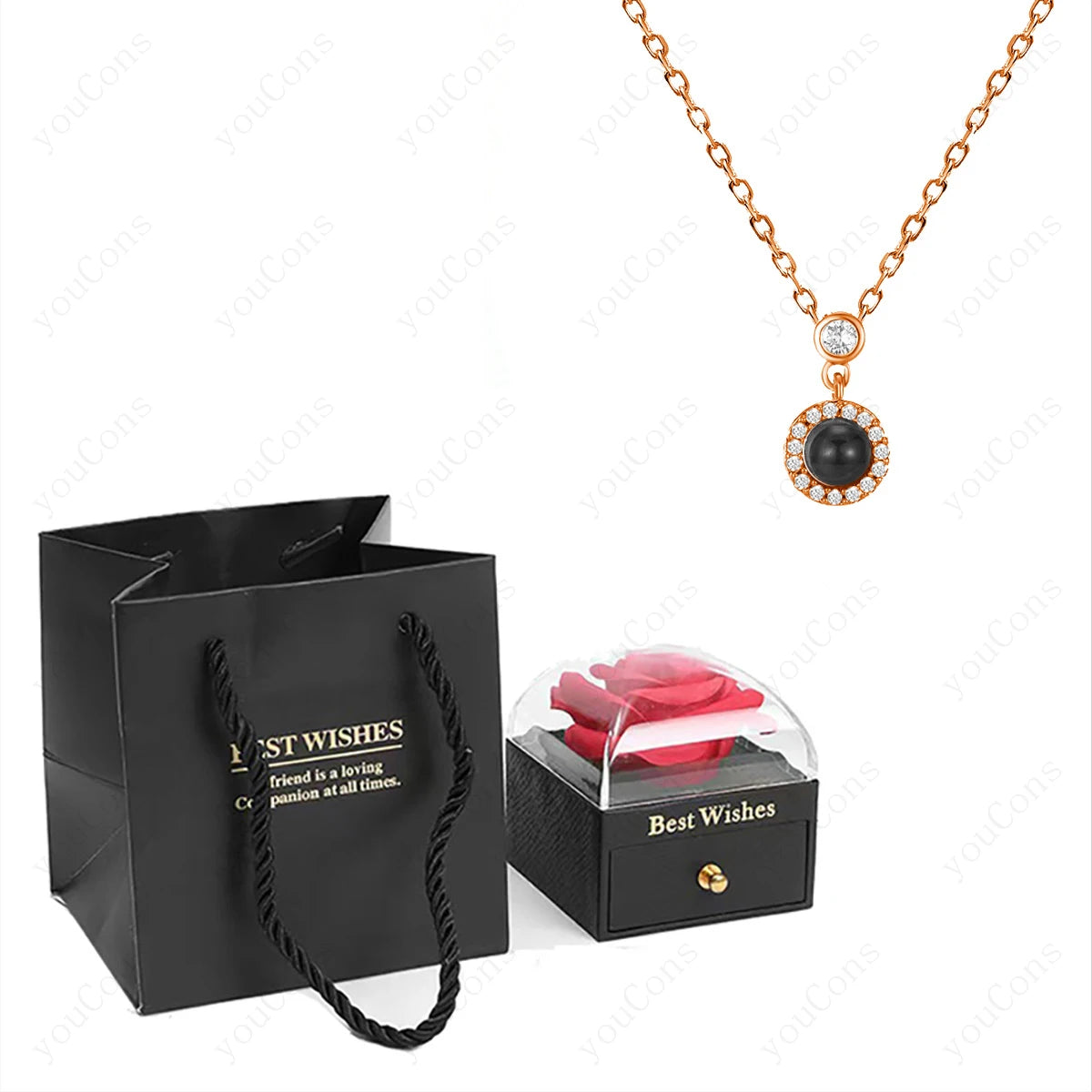 ❤️ Personalisierte Foto Projektions Halskette mit eigenem Bild – Herz Anhänger aus Edelstahl mit Rosen Geschenkbox für Damen