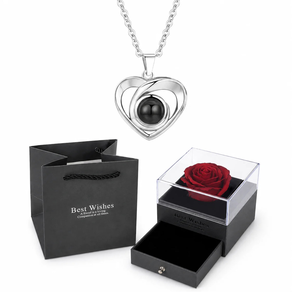 ❤️ Personalisierte Foto Projektions Halskette mit eigenem Bild – Herz Anhänger aus Edelstahl mit roter Rosen Geschenkbox für Damen