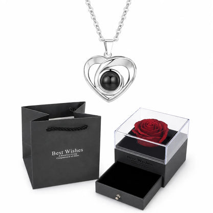 ❤️ Personalisierte Foto Projektions Halskette mit eigenem Bild – Herz Anhänger aus Edelstahl mit roter Rosen Geschenkbox für Damen