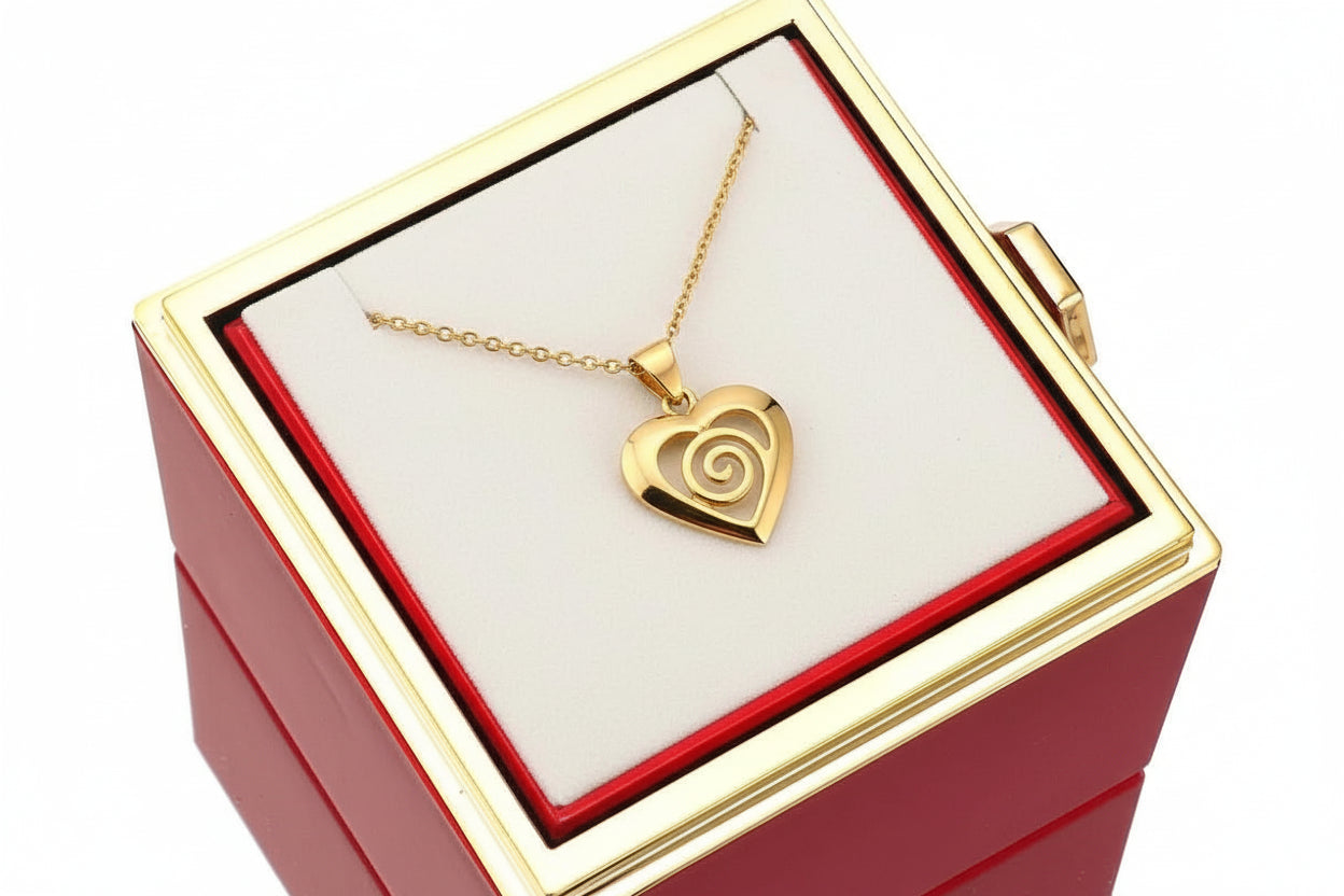 🌹 Ewige Rose mit personalisierter Namenskette – Doppelherz Geschenkbox mit Drehfunktion