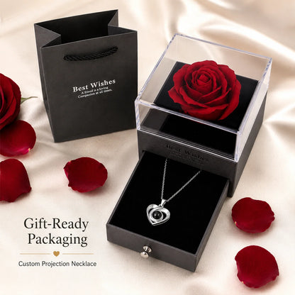 ❤️ Personalisierte Foto Projektions Halskette mit eigenem Bild – Herz Anhänger aus Edelstahl mit roter Rosen Geschenkbox für Damen