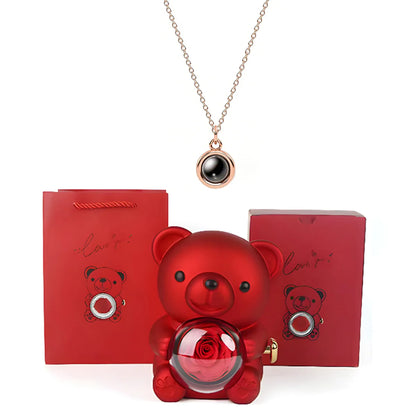 ❤️ Personalisierte Foto Projektions Halskette mit eigenem Bild – Herz Anhänger aus Edelstahl mit Bären Rosen Geschenkbox für Damen