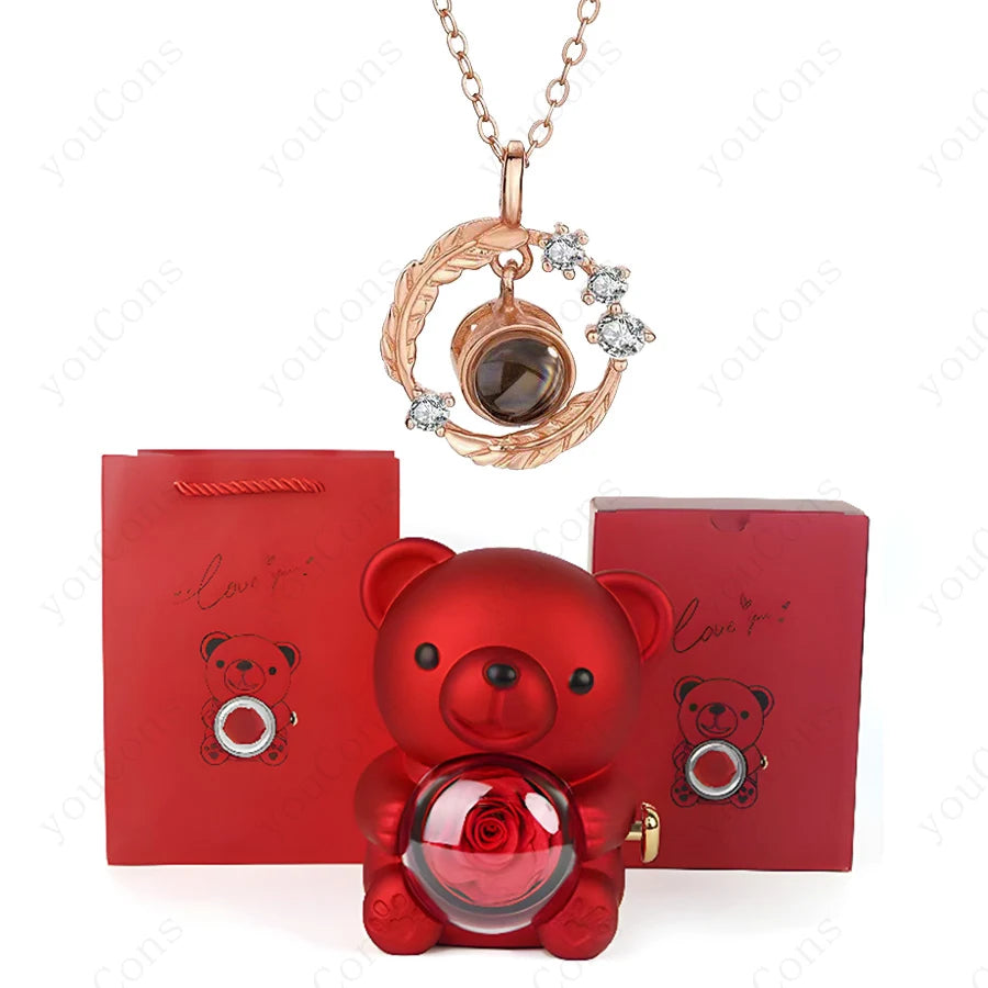 ❤️ Personalisierte Foto Projektions Halskette mit eigenem Bild – Herz Anhänger aus Edelstahl mit Bären Rosen Geschenkbox für Damen