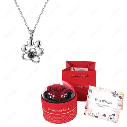 ❤️ Personalisierte Foto Projektions Halskette mit eigenem Bild – Edelstahl Halskette mit luxuriöser roter Rosen Geschenkbox für Damen