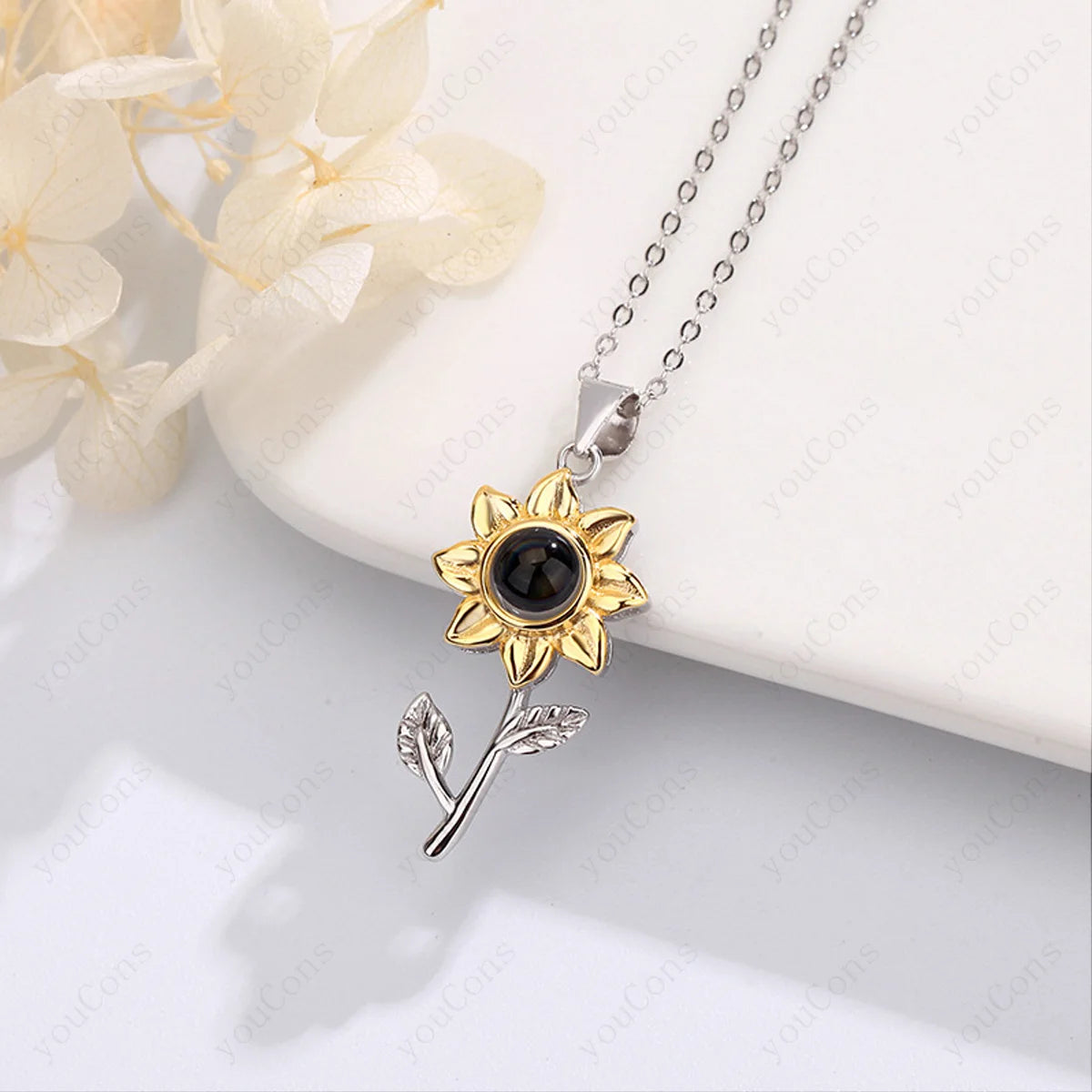 ❤️ Personalisierte Foto Projektions Halskette mit eigenem Bild – Edelstahl Anhänger mit Sonnenblumen Geschenkbox für Damen