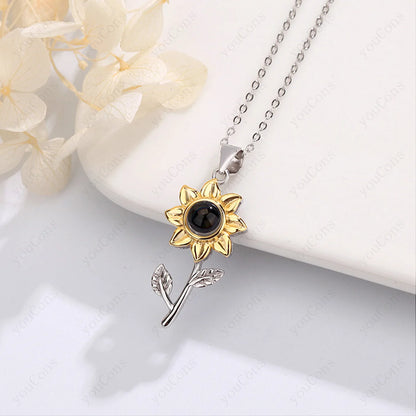 ❤️ Personalisierte Foto Projektions Halskette mit eigenem Bild – Edelstahl Anhänger mit Sonnenblumen Geschenkbox für Damen