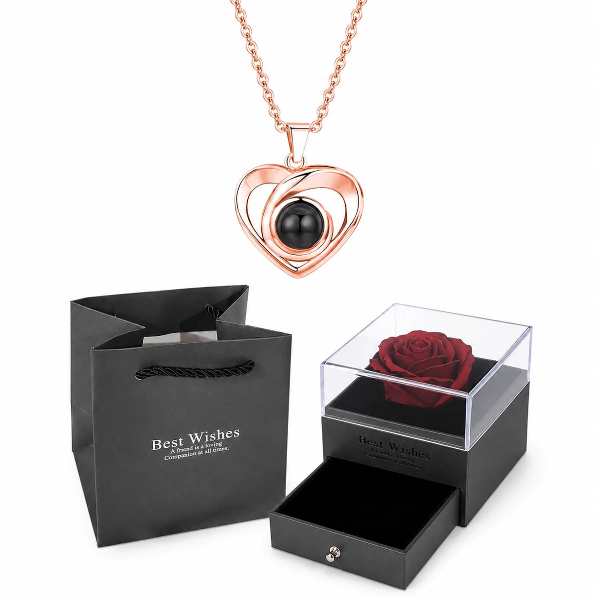 ❤️ Personalisierte Foto Projektions Halskette mit eigenem Bild – Herz Anhänger aus Edelstahl mit roter Rosen Geschenkbox für Damen