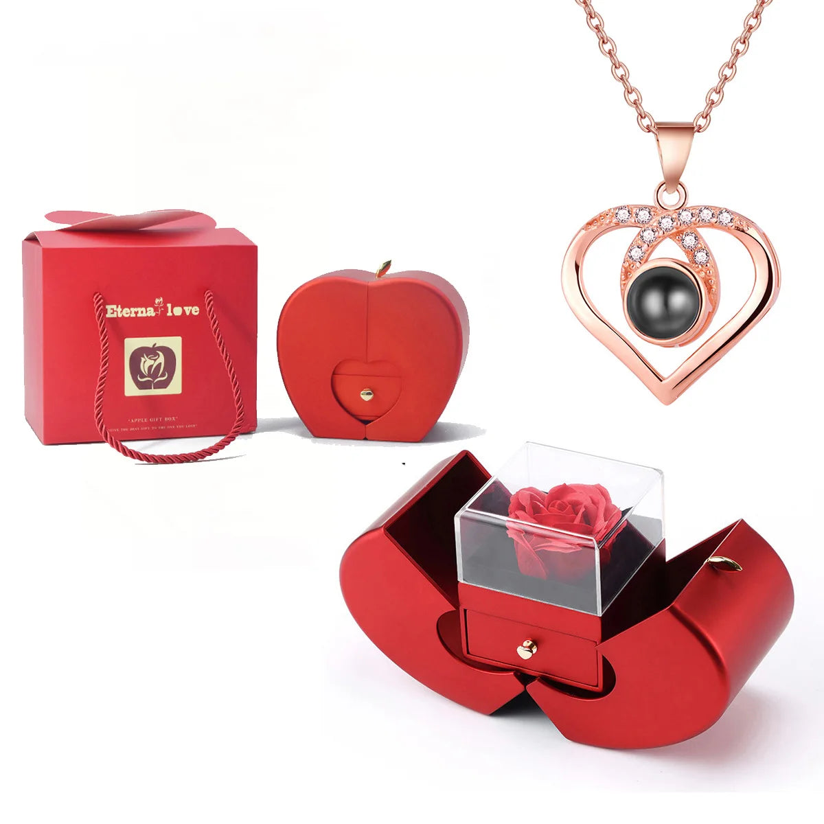❤️ Personalisierte Foto Projektions Halskette mit eigenem Bild – Herz Anhänger aus Edelstahl mit Apfelrosen Geschenkbox für Damen & Haustiere