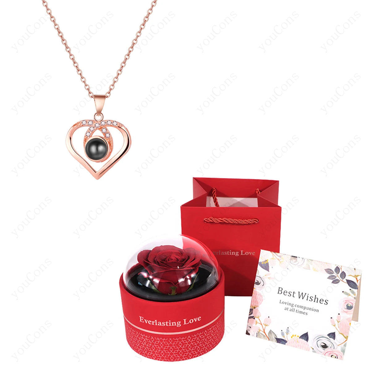 ❤️ Personalisierte Foto Projektions Halskette mit eigenem Bild – Edelstahl Halskette mit luxuriöser roter Rosen Geschenkbox für Damen