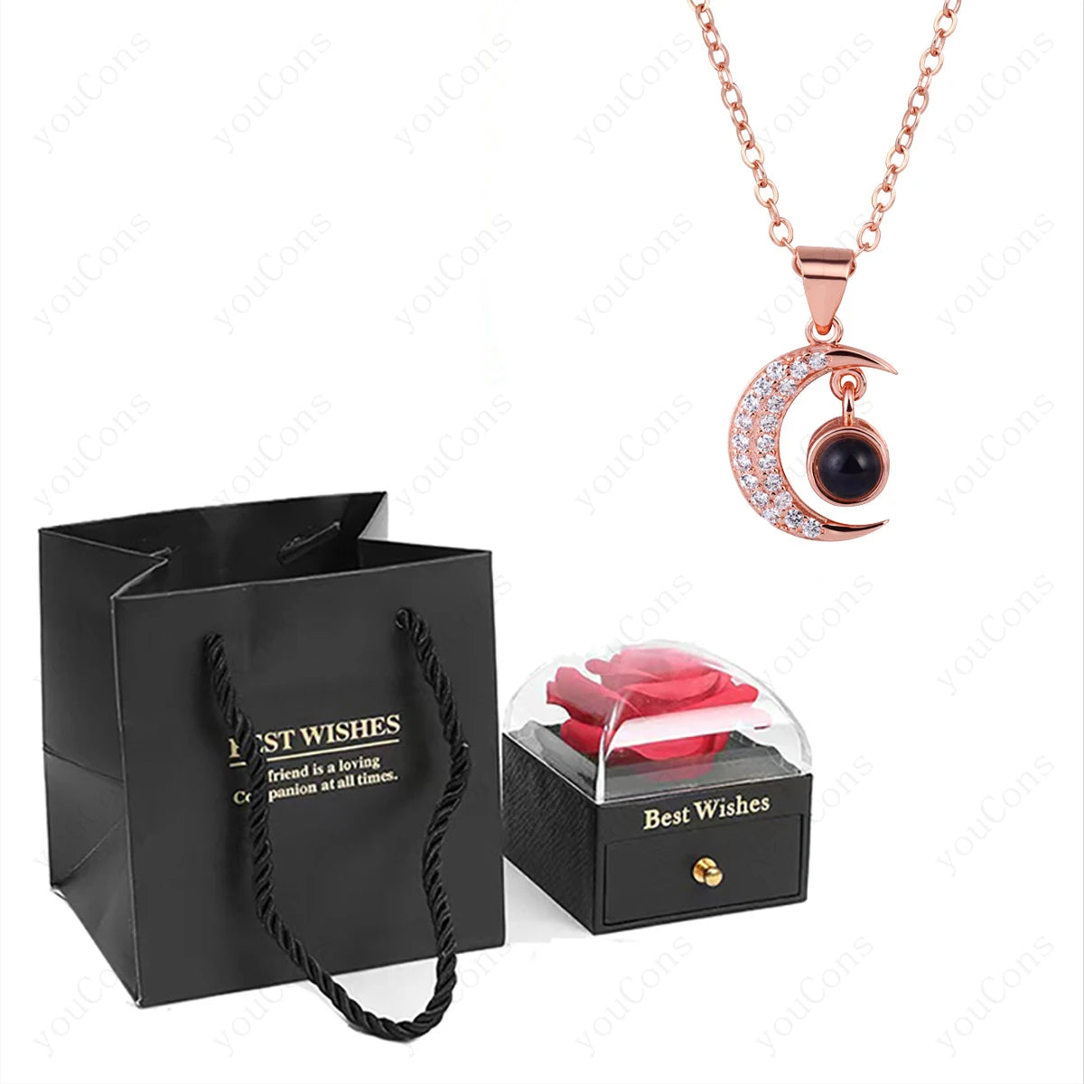 ❤️ Personalisierte Foto Projektions Halskette mit eigenem Bild – Herz Anhänger aus Edelstahl mit Rosen Geschenkbox für Damen
