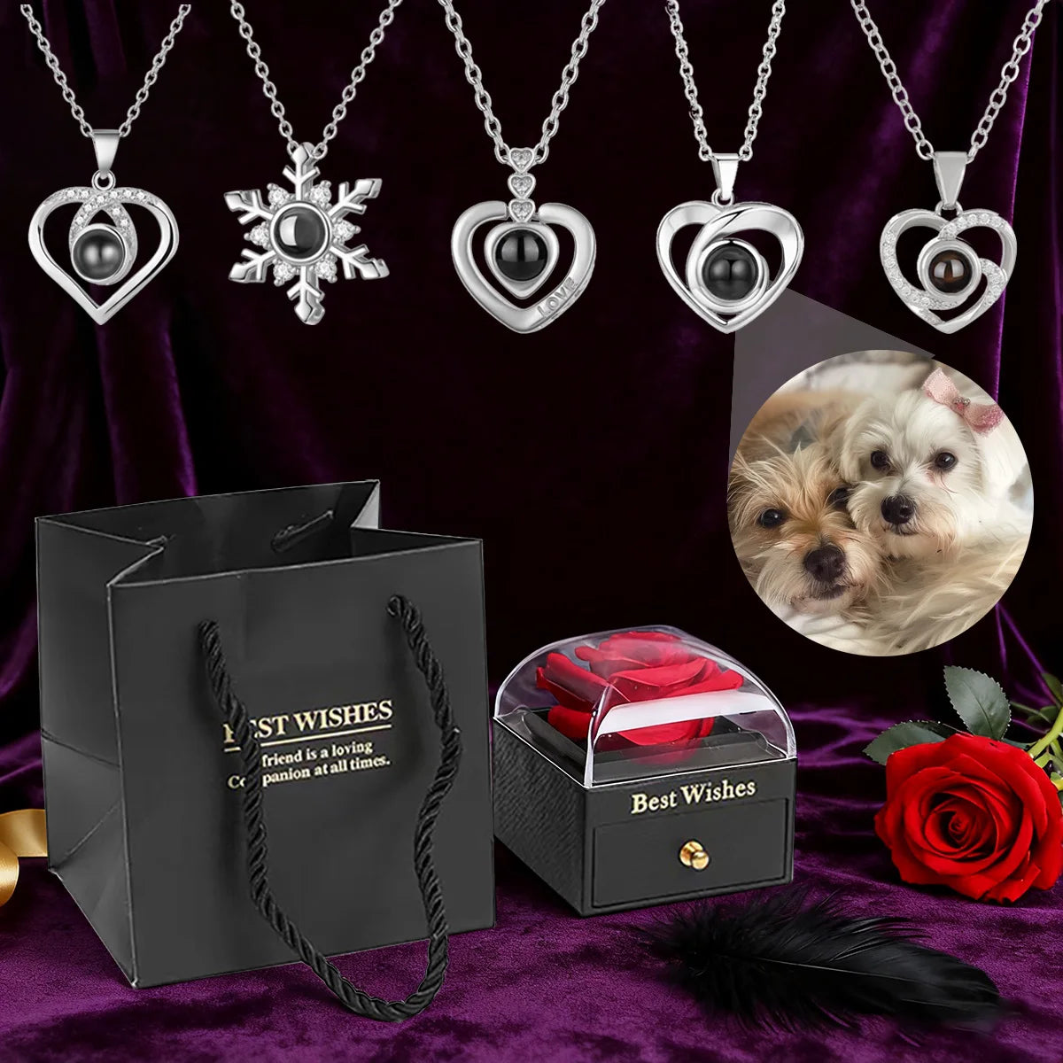 ❤️ Personalisierte Foto Projektions Halskette mit eigenem Bild – Herz Anhänger aus Edelstahl mit schwarzer Rosen Geschenkbox für Damen