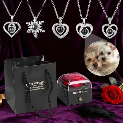❤️ Personalisierte Foto Projektions Halskette mit eigenem Bild – Herz Anhänger aus Edelstahl mit schwarzer Rosen Geschenkbox für Damen