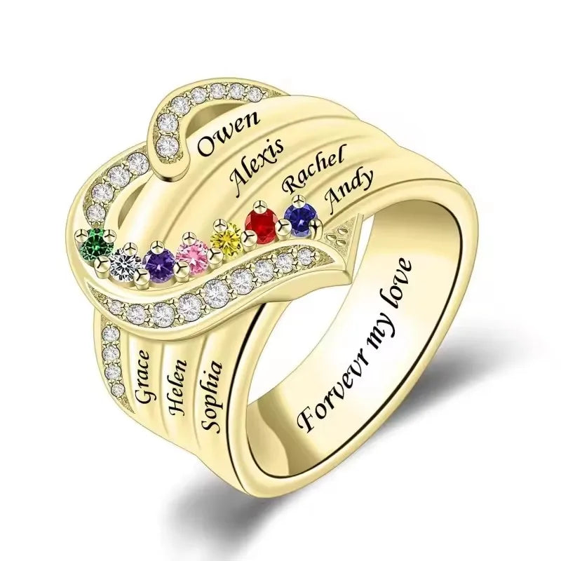 💍 Personalisierter Geburtsstein Ring mit Namen – 💎 Individueller Familienring mit Herz & Zirkonia – 🎁 Personalisiertes Geschenk für Frauen