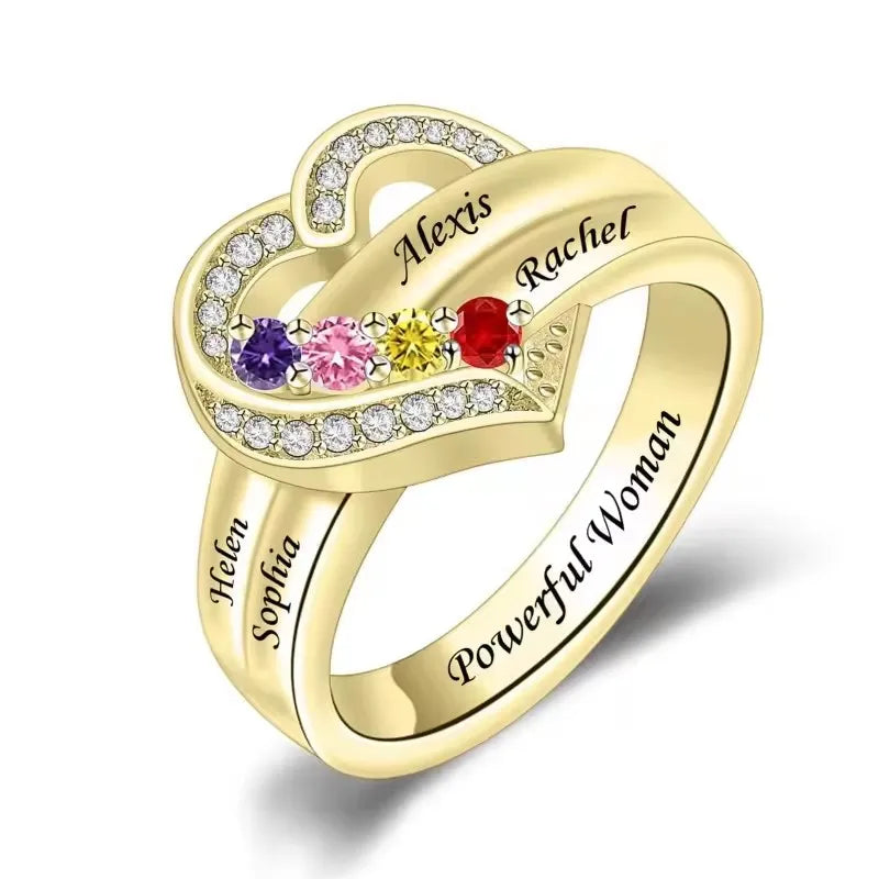 💍 Personalisierter Geburtsstein Ring mit Namen – 💎 Individueller Familienring mit Herz & Zirkonia – 🎁 Personalisiertes Geschenk für Frauen