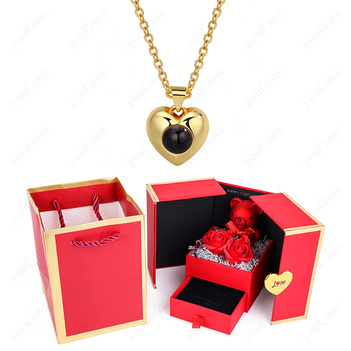 ❤️ Personalisierte Foto Projektions Halskette mit eigenem Bild – Herz Anhänger aus Edelstahl mit Bärchen Rosen Geschenkbox für Damen