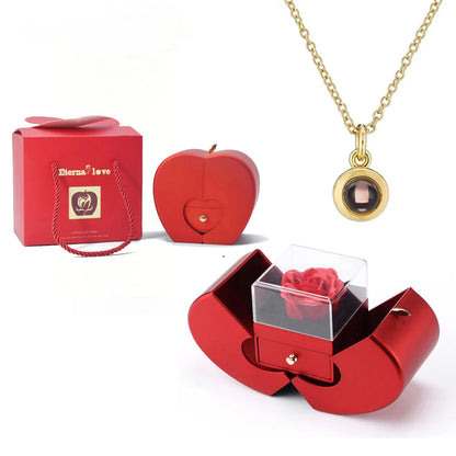 ❤️ Personalisierte Foto Projektions Halskette mit eigenem Bild – Herz Anhänger aus Edelstahl mit Apfelrosen Geschenkbox für Damen & Haustiere