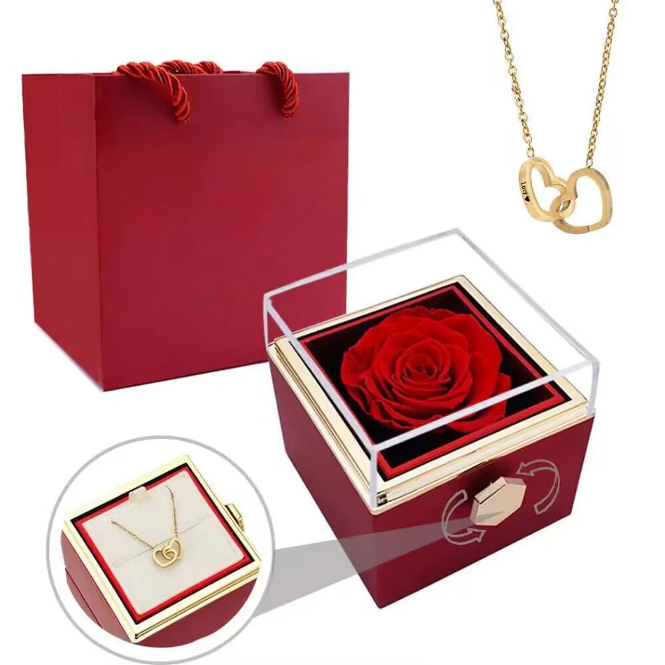 🌹 Ewige Rose mit personalisierter Namenskette – Doppelherz Geschenkbox mit Drehfunktion