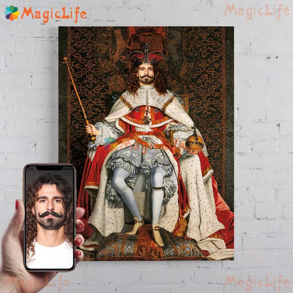 ✨ Personalisiertes Männer König & Prinz Portrait Poster – Vintage Leinwand Wandkunst