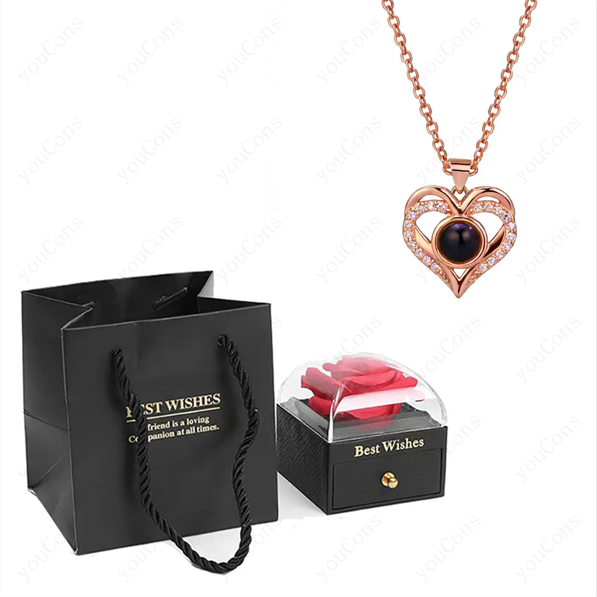 ❤️ Personalisierte Foto Projektions Halskette mit eigenem Bild – Herz Anhänger aus Edelstahl mit Rosen Geschenkbox für Damen