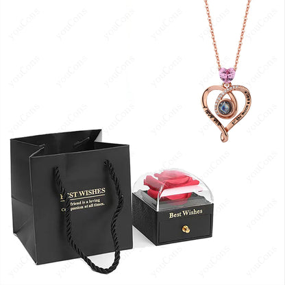 ❤️ Personalisierte Foto Projektions Halskette mit eigenem Bild – Herz Anhänger aus Edelstahl mit Rosen Geschenkbox für Damen