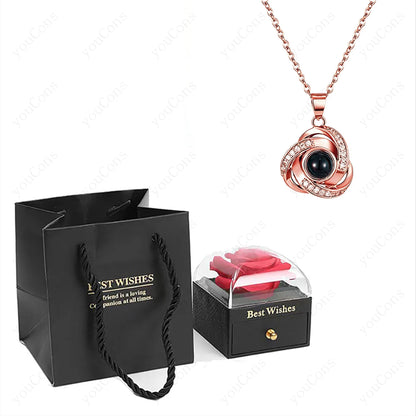 ❤️ Personalisierte Foto Projektions Halskette mit eigenem Bild – Herz Anhänger aus Edelstahl mit Rosen Geschenkbox für Damen