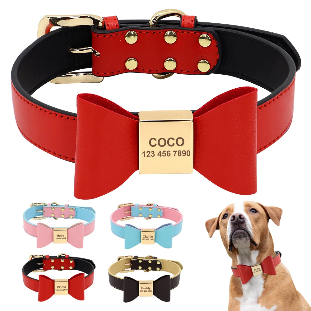 Personalisiertes PU-Leder-Hundehalsband mit Schleife und Namensgravur