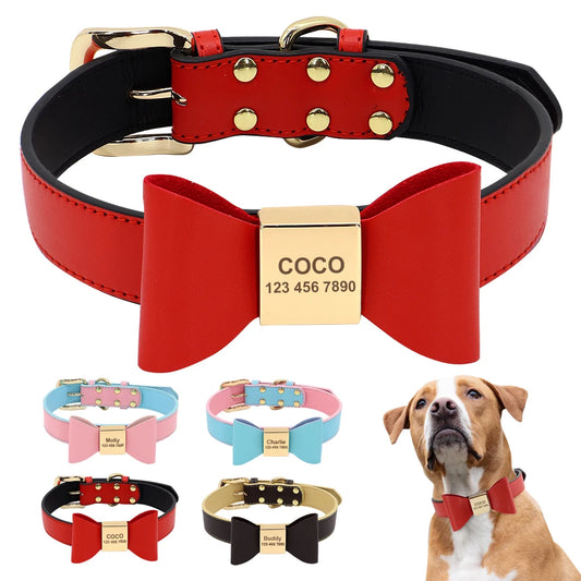 Personalisiertes PU-Leder-Hundehalsband mit Schleife und Namensgravur
