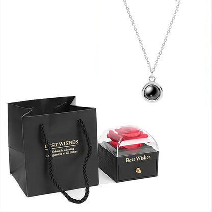 ❤️ Personalisierte Foto Projektions Halskette mit eigenem Bild – Herz Anhänger aus Edelstahl mit schwarzer Rosen Geschenkbox für Damen