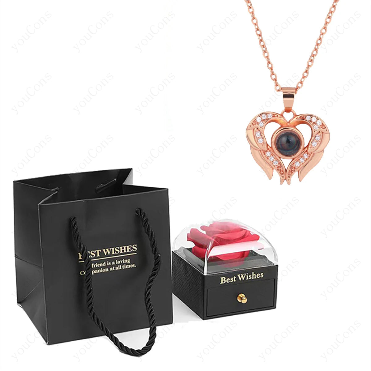 ❤️ Personalisierte Foto Projektions Halskette mit eigenem Bild – Herz Anhänger aus Edelstahl mit Rosen Geschenkbox für Damen
