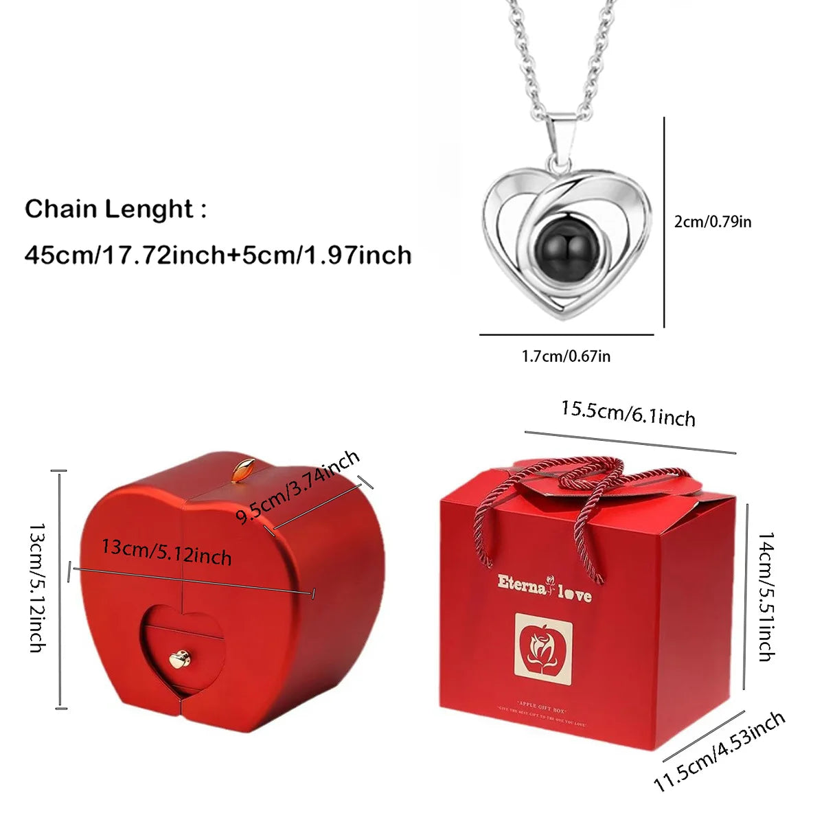 ❤️ Personalisierte Foto Projektions Halskette mit eigenem Bild – Herz Anhänger aus Edelstahl mit Apfelrosen Geschenkbox für Damen & Haustiere