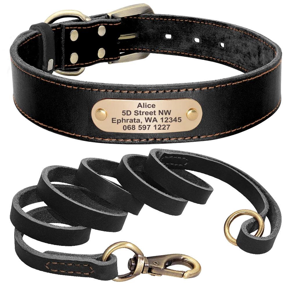 🐶 Personalisiertes Leder-Hundehalsband mit Leine – Echtleder-Set für große Hunde