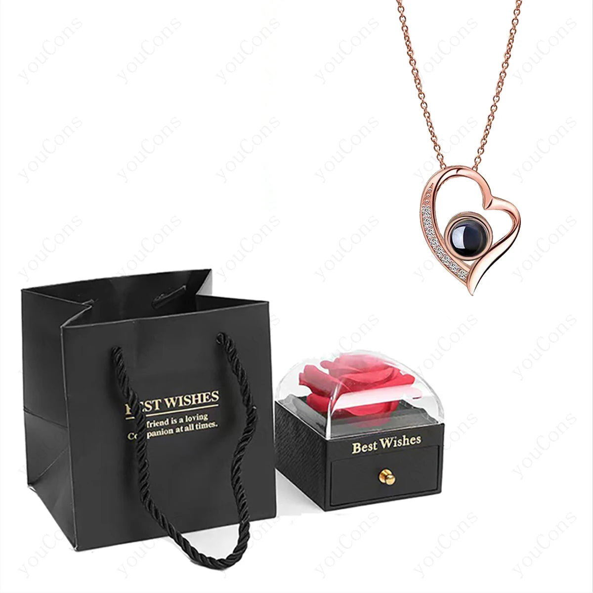 ❤️ Personalisierte Foto Projektions Halskette mit eigenem Bild – Herz Anhänger aus Edelstahl mit Rosen Geschenkbox für Damen