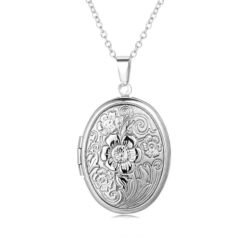 ✨ Personalisierte gravierte Blumen-Foto-Medaillon-Halskette – Ovale Erinnerungs-Halskette für Frauen