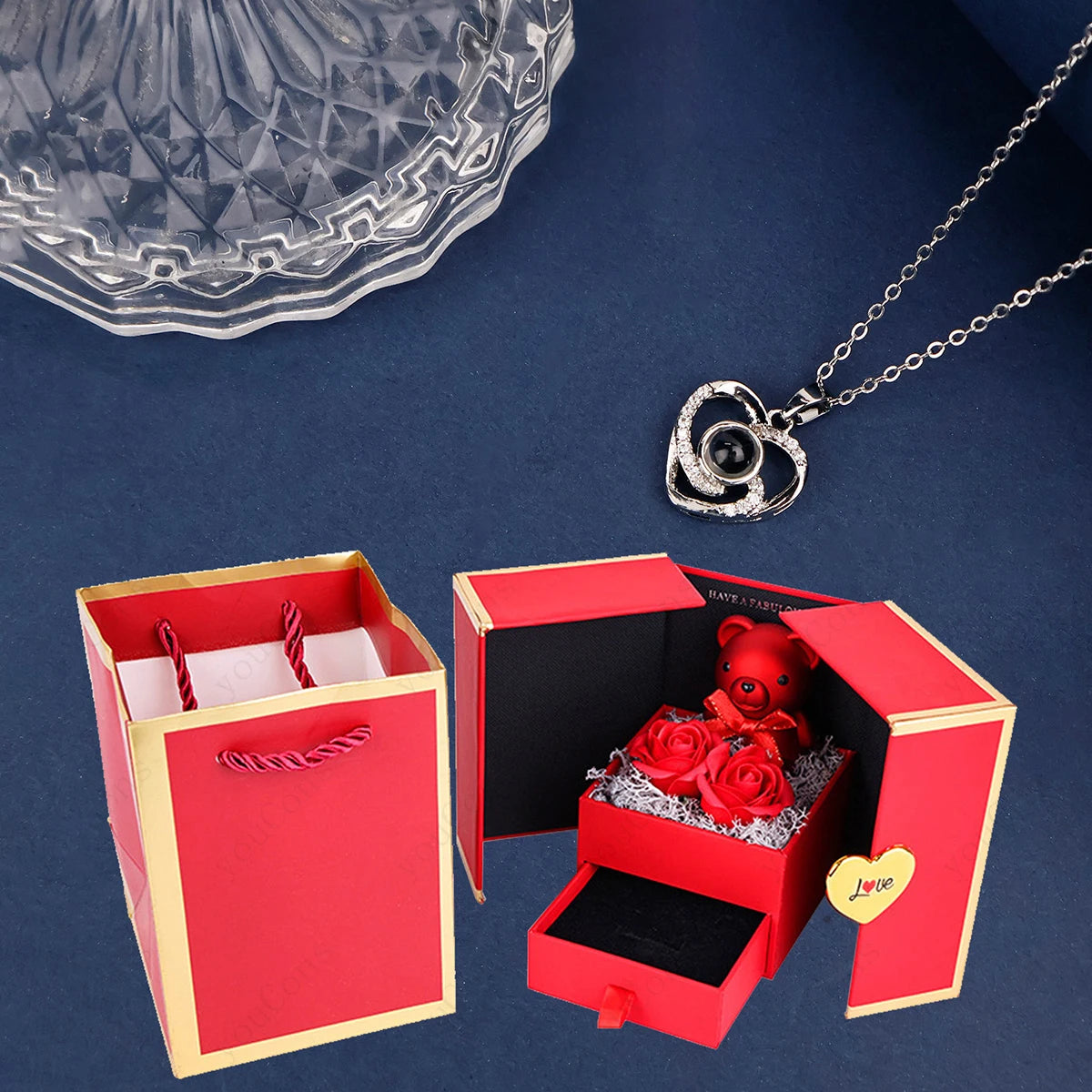 ❤️ Personalisierte Foto Projektions Halskette mit eigenem Bild – Herz Anhänger aus Edelstahl mit Bärchen Rosen Geschenkbox für Damen